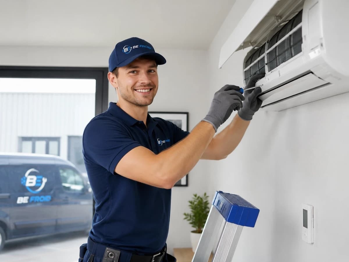 Technicien BE Froid 78 en intervention sur une climatisation murale