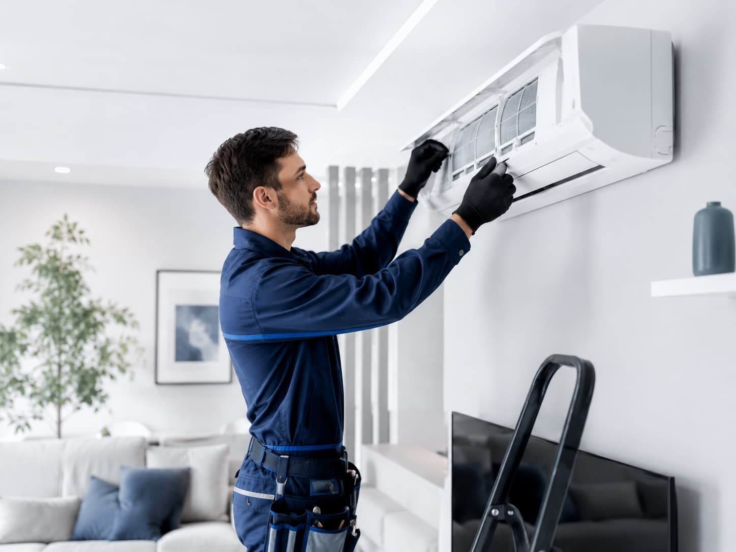 Technicien BE Froid 78 installant une climatisation réversible dans un logement des Yvelines